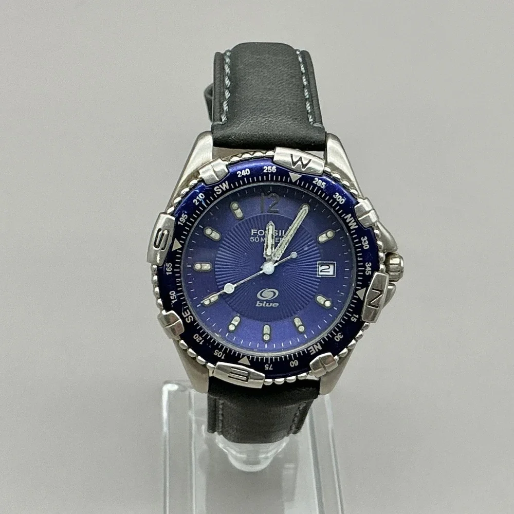 Fossil Watch Mens Silver Tone Blue Dial Black Leather Band AM-3060 NEW BATTERY